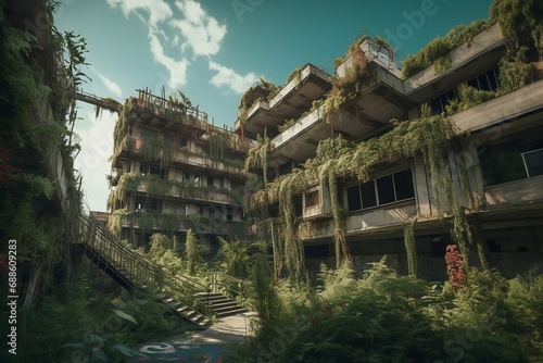 A post-apocalyptic future world without people, an abandoned city with plant growths. Generative AI © Alena Matrosova