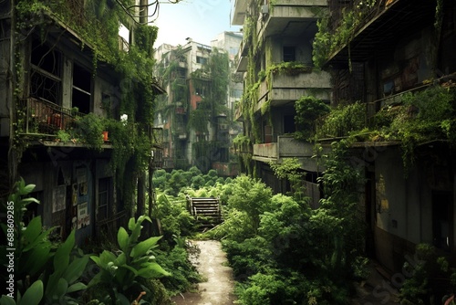 A post-apocalyptic future world without people  an abandoned city with plant growths. Generative AI