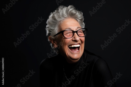 Happy Old Italian Woman On Black Background © Anastasiia