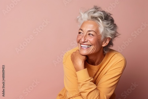 Happy Old Italian Woman On Pastel Background