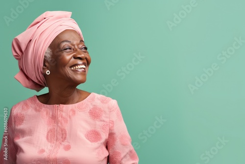 Happy Old Nigerian Woman On Pastel Background. Copy Space photo