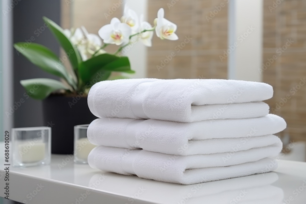 Clean White Towels On Table In Bathroom. Сoncept Luxury Bathroom Decor, Fresh And Clean Towels, Elegant White Table Setting