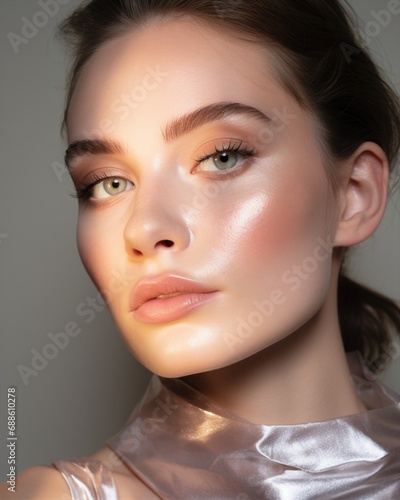 Young model's face in daylight. Natural makeup effect of wet skin.