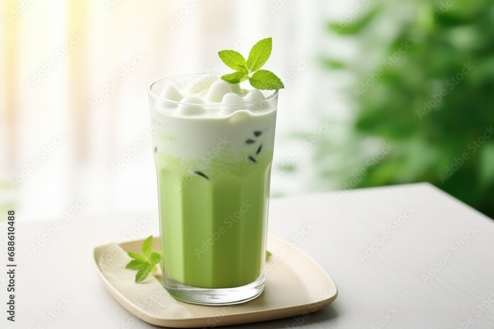 Glass Of Iced Matcha Latte On Home Background Glass Of Iced Matcha Latte On Home Background