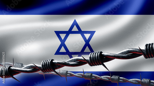 Israeli flag behind barbed ...
