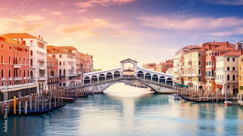 Romantic spring scene colorful morning panorama with Bridge Picturesque city traveling concept background. © Nazia