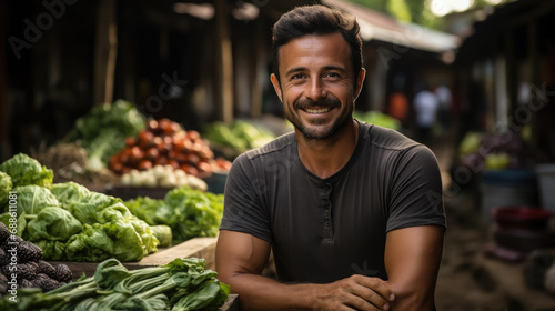 cheerful seller at a farmers market, farmer selling fruits and vegetables in a greengrocer's shop, emotional portrait, smiling face, healthy eating, fresh food, greens, person, people, merchant, man
