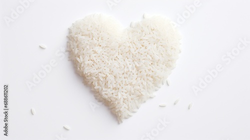 On a white background, rice or Tehari in the shape of a heart. Valentine's Day background, flat lay love concept Flat lay, top view, template, copy space, and notion of a simple idea Food, 14 February