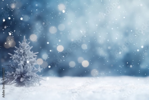 Snowy Abstract Winter Background With Blurred Christmas Tree. Сoncept Winter Wonderland, Festive Holiday, Abstract Snowscape, Blurred Christmas Tree, Cozy Season © Anastasiia