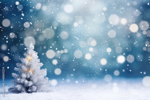 Snowy Abstract Winter Background With Blurred Christmas Tree Empty Space