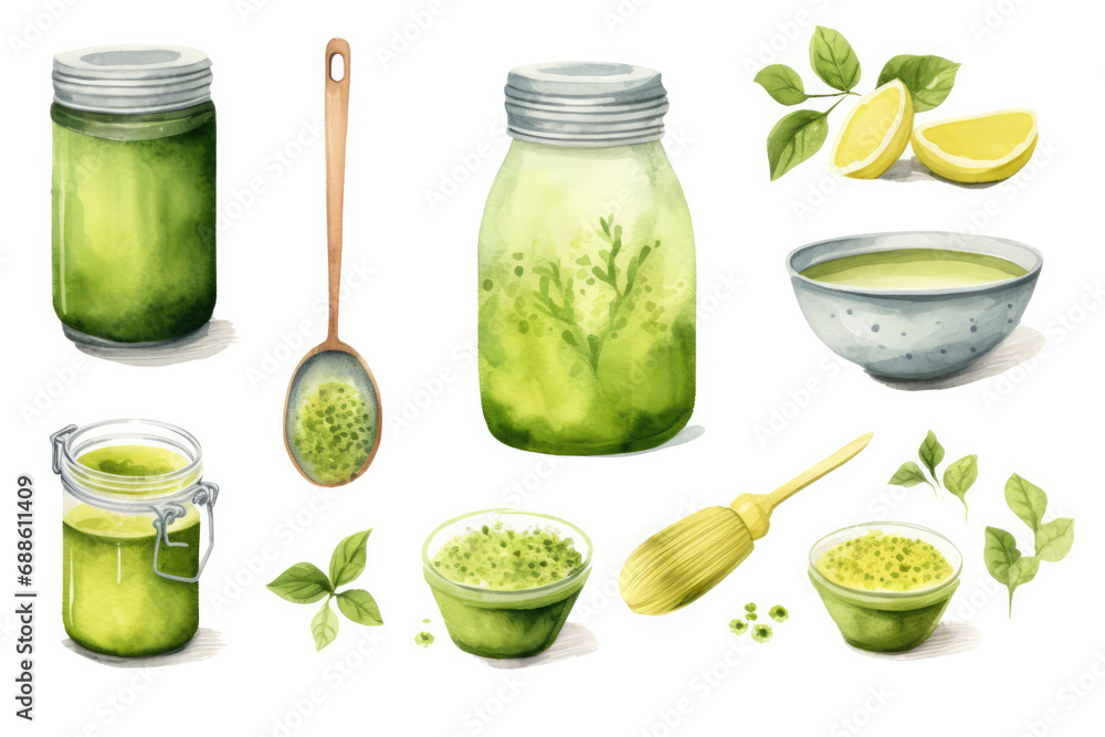 Watercolor Matcha Green Tea Objects On Clear Background Watercolor Matcha Green Tea Objects On Clear Background