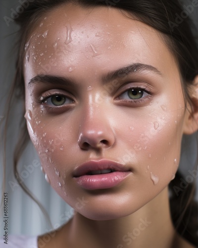 Young model's face in daylight. Natural makeup effect of wet skin.