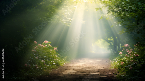 A serene  soft-focus image of a pathway leading through a forest or garden