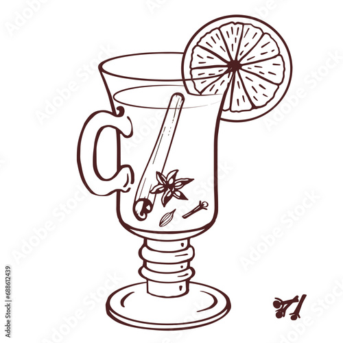 Mulled wine, Christmas bar menu. Hot glintwine season drink with a glass of drink and hand drawn ingredients vector illustration for cafe, restaurante menu, flayer, poster designs.