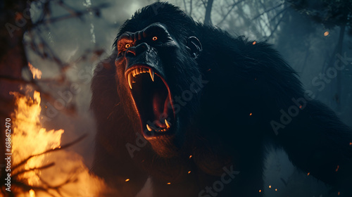 extremly agresive and insane gorilla, screaming in the middle of a forest during night photo
