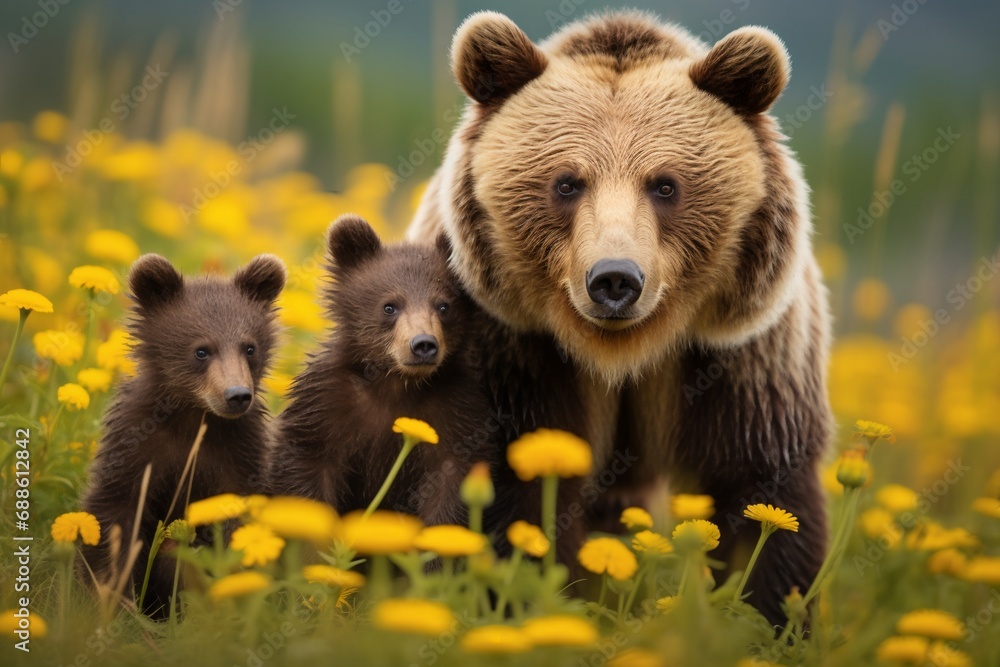 Obraz premium Grizzly Mother and Two Cubs On Mountain Slope