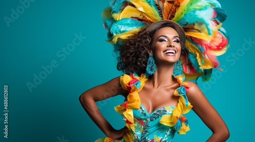 A captivating Brazilian woman strikes a pose in a vibrant samba costume, radiating energy and grace against a flat white background. © Kristian