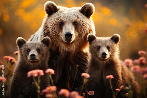 Grizzly Mother and Two Cubs On Mountain Slope © antusher