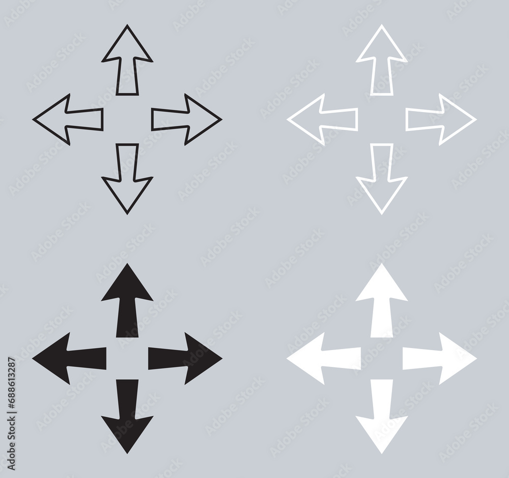 Set of Outward arrow icon. Four Arrows icon sign symbol in trendy flat style. Arrow pointing outward vector icon illustration isolated on gray background Set of Outward arrow icon. Four Arrows icon sign symbol in trendy flat style. Arrow pointing outward vector icon illustration isolated on gray background