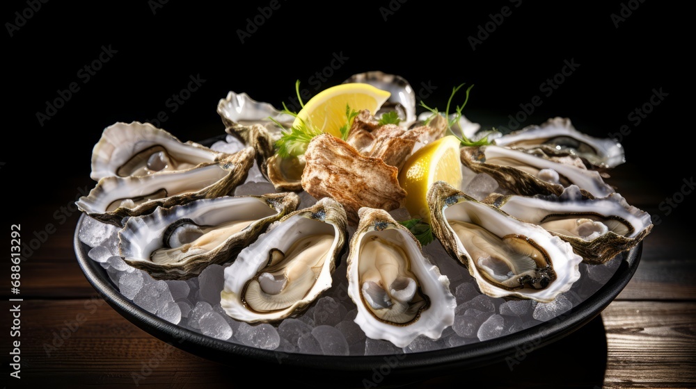 healthy food, seafood Raw Atlantic oysters on dark wooden background in ice with lemon healthy food, seafood Raw Atlantic oysters on dark wooden background in ice with lemon