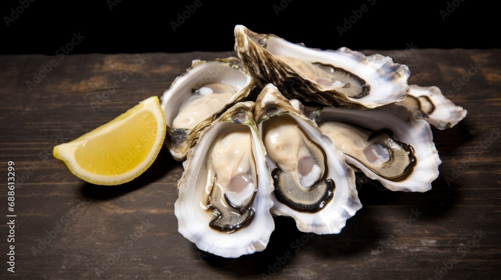 healthy food, seafood Raw Atlantic oysters on dark wooden background in ice with lemon healthy food, seafood Raw Atlantic oysters on dark wooden background in ice with lemon