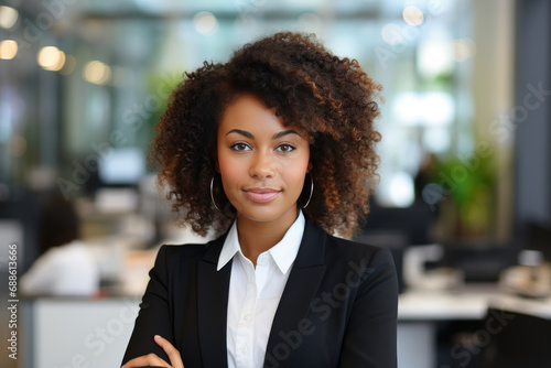 Confident African American businesswoman in suit and curly hair looking at camera with arms crossed 