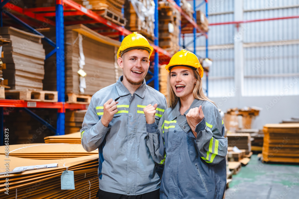 Professional worker team in safety uniform, supervisor inspector in packaging stock order at cardboard factory warehouse, piles of stacking paper manufacture, recycling industrial production Professional worker team in safety uniform, supervisor inspector in packaging stock order at cardboard factory warehouse, piles of stacking paper manufacture, recycling industrial production
