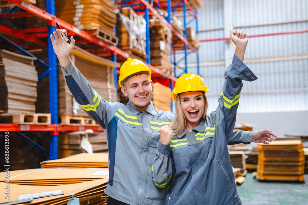 Happy technician group enjoying their successful job, Professional warehouse worker team celebrating success in storage warehouse factory, Cheerful officer having fun at work, Logistic business work Happy technician group enjoying their successful job, Professional warehouse worker team celebrating success in storage warehouse factory, Cheerful officer having fun at work, Logistic business work