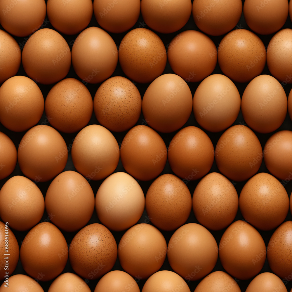 A grid of light brown eggs against a stark black background creates a striking contrast. Seamless texture for shops, stores and recipes