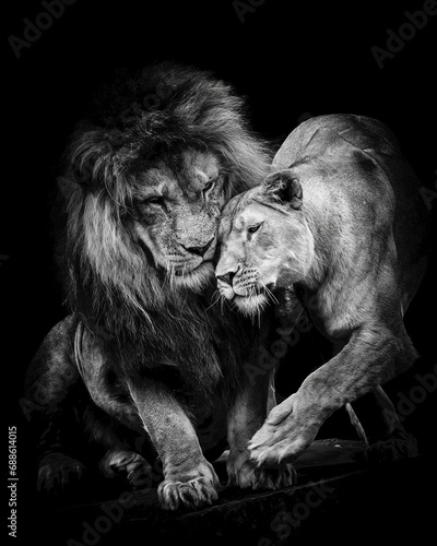Striking black and white photograph of two majestic lions embracing one another