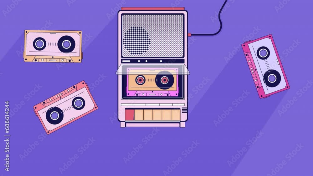 Old fashioned player cassette tapes cartoon animation. Audio device ...