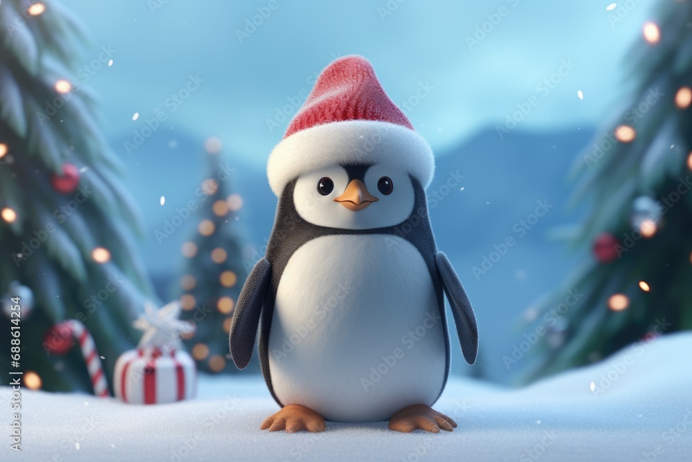 cheerful colorful penguin in santa claus hat near christmas tree cheerful colorful penguin in santa claus hat near christmas tree