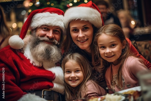 children sit on the lap of a real Santa Claus indoors.