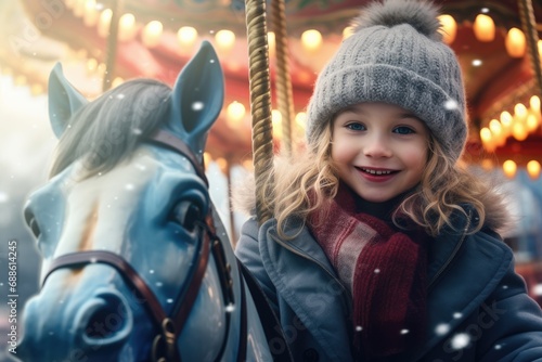 Adorable little girl rides on a carousel horse at a Christmas fair or market, outdoors. Happy child having fun in the park.