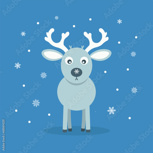 Gray Reindeer with Large Antlers on Blue Background with Snowflakes. Christmas Vector clipart