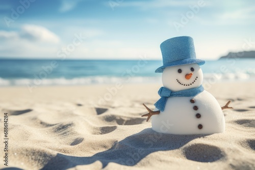 Snowman made of sand on the beach. Festive concept can be used for New Year and Christmas cards. photo