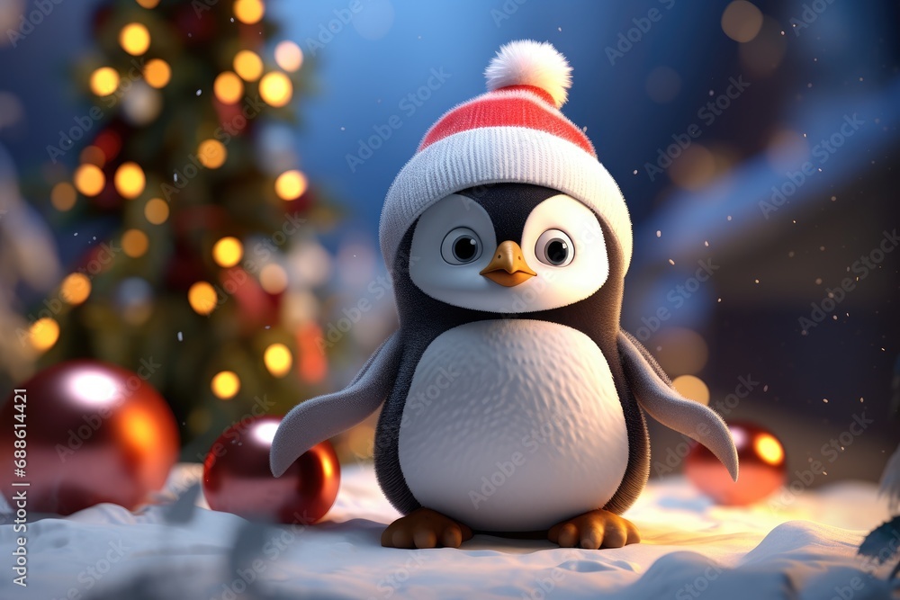 cheerful colorful penguin in santa claus hat near christmas tree