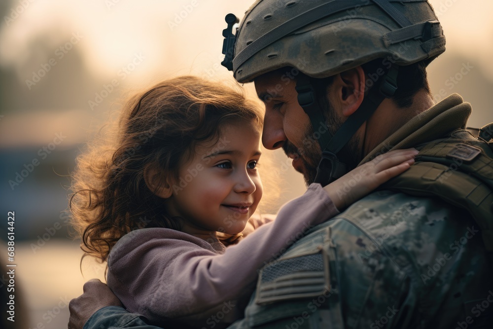 A soldier in military uniform hugs his daughter on the street, space for text. Family reunification. A soldier in military uniform hugs his daughter on the street, space for text. Family reunification.