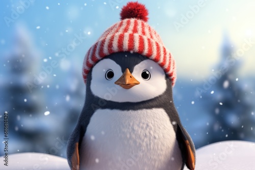 cheerful colorful penguin in santa claus hat near christmas tree © inna717