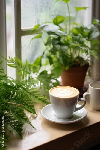 romance morning freshness moment hot coffee drink on wooden table top with warm light sun shine through window in living room home interior closeup