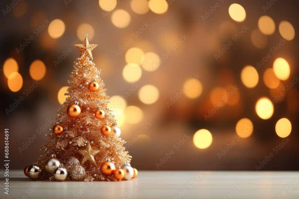 Close-up of a Christmas tree decorated with golden balls. There are a large number of Christmas gifts under the tree. Christmas holiday concept. A huge number of gift boxes under a festive background