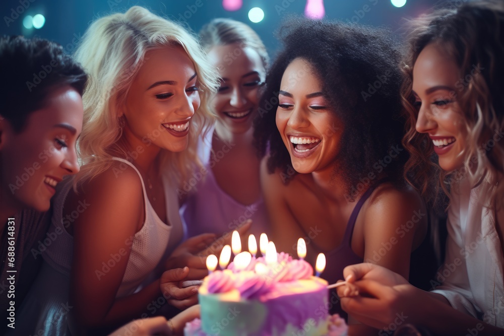 girls celebrate birthday. Friends bring them gift boxes to surprise them on their birthday. woman blowing out candles at a party girls celebrate birthday. Friends bring them gift boxes to surprise them on their birthday. woman blowing out candles at a party