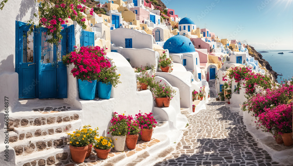 Beautiful street with flowers, Santorini, Greece outdoors - obrazy, fototapety, plakaty 