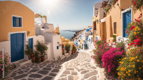 Beautiful street with flowers  Santorini  Greece idyllic