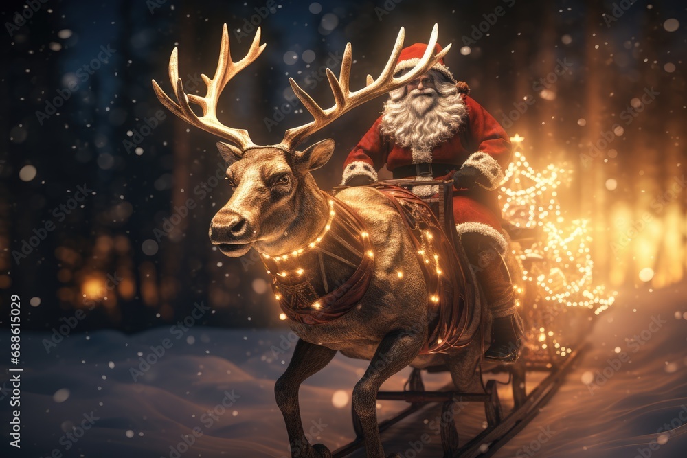 Santa Claus on a sleigh with reindeers in the Christmas village.