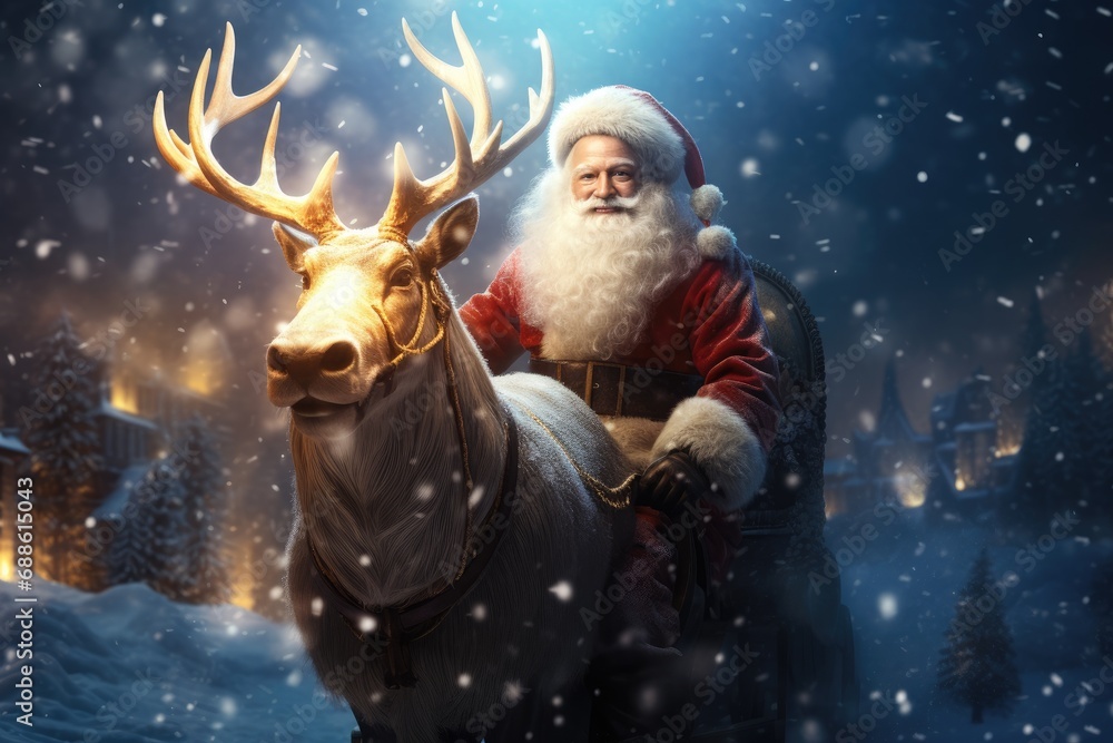 Santa Claus on a sleigh with reindeers in the Christmas village. Santa Claus on a sleigh with reindeers in the Christmas village.