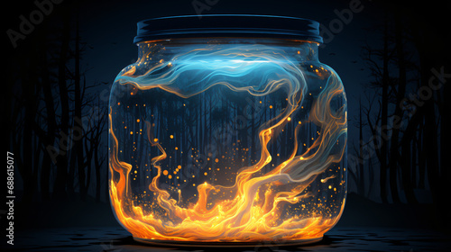 Large empty glass jar glowing at night.