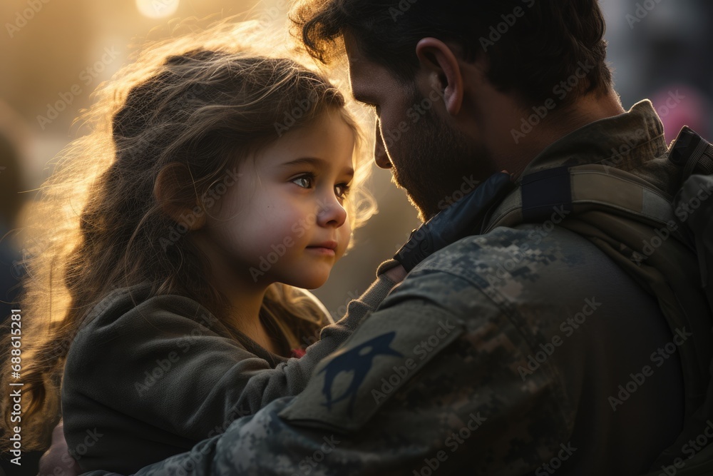 A soldier in military uniform hugs his daughter on the street, space for text. Family reunification. A soldier in military uniform hugs his daughter on the street, space for text. Family reunification.