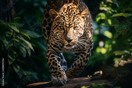 Lone leopard walking and hunting in nature during daytime