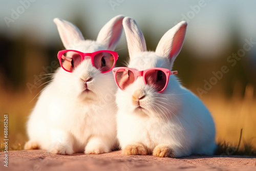 Cute and funny little white rabbits bunnies wearing sun glasses. Easter pink background